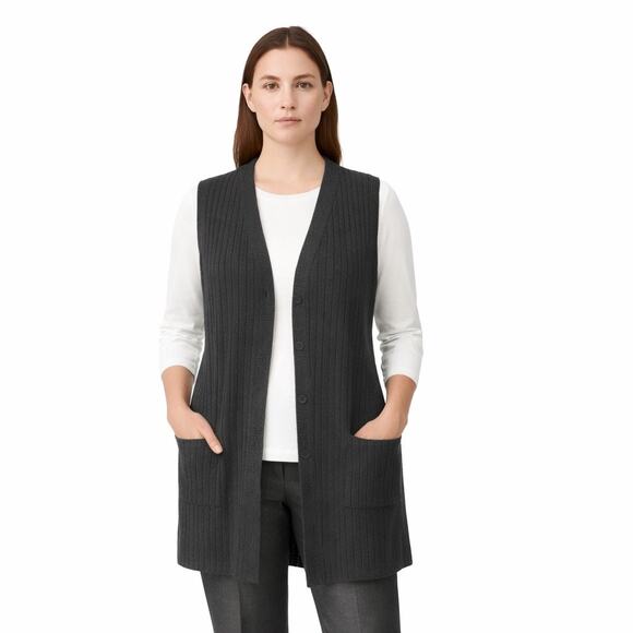 Eileen Fisher Sweaters - Eileen Fisher Ribbed Knit Vest, Gray, Coastal, Beach, Weekends, Minimalist L